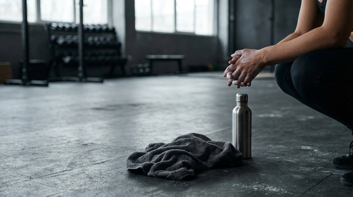 Aktiv person i träningssammanhang som fokuserar på återhämtning, visar sambandet mellan träning, belastning och behov av näringsstöd.
