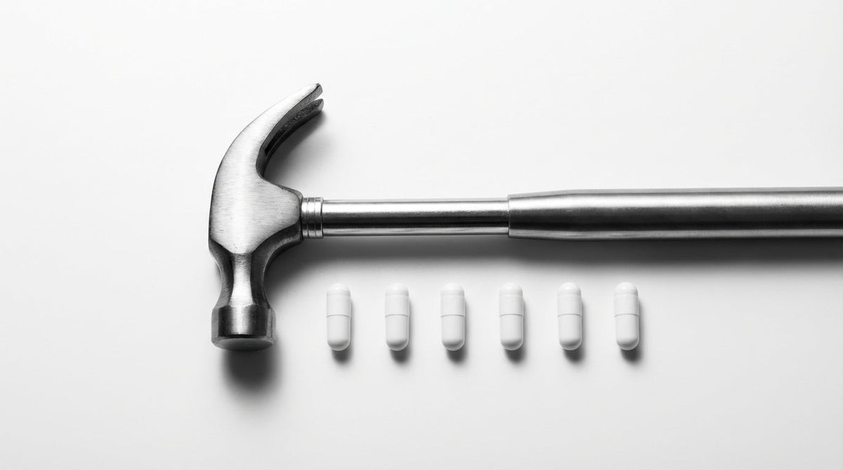 En hammare bredvid kapslar som illustrerar att tillskott är ett verktyg som kan vara bra eller dåligt beroende på användning