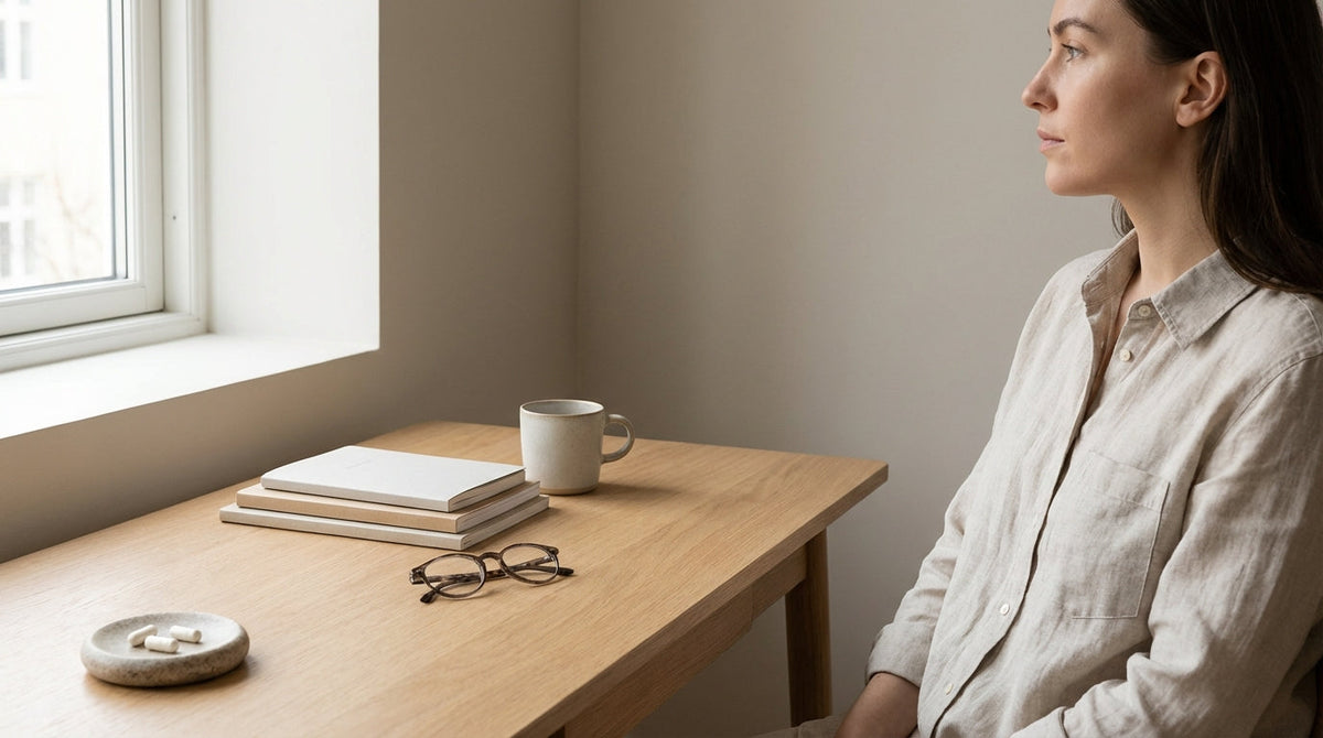 Minimalistisk livsstilsbild som symboliserar disciplin, konsekvens och kosttillskott som verktyg snarare än genvägar.