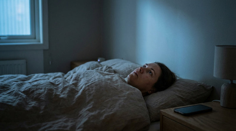 Trött person ligger vaken i sängen på natten, visar sambandet mellan stress, sömnproblem och näringsbrist som magnesium och zink.